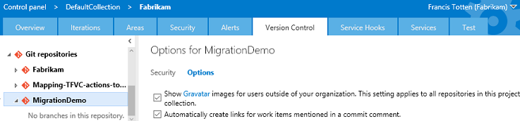 Screenshot che mostra le nuove opzioni del repository.