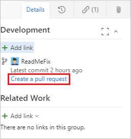 Screenshot della creazione di una richiesta di notifica dall'area Sviluppo di un elemento di lavoro con un ramo collegato.