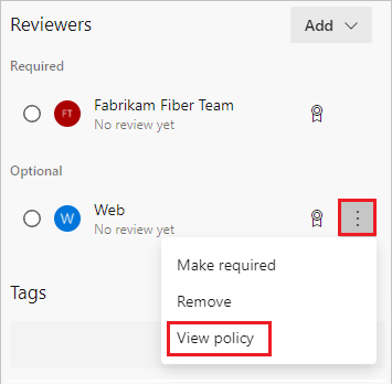 Screenshot che mostra View policy on a reviewer that's automatically included by branch policy.Screenshot that shows View policy on a reviewer that's automatically included by branch policy.