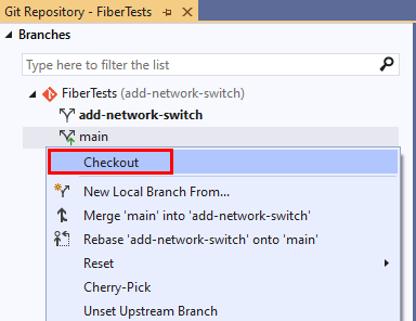 Screenshot dell'opzione Checkout nel menu di scelta rapida del ramo nella finestra Repository Git di Visual Studio.