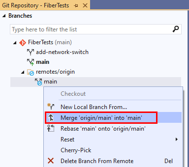 Screenshot dell'opzione Merge nella finestra Repository Git di Visual Studio 2019.