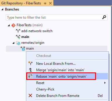 Screenshot dell'opzione Rebase nel menu di scelta rapida del ramo nella finestra Repository Git di Visual Studio 2019.