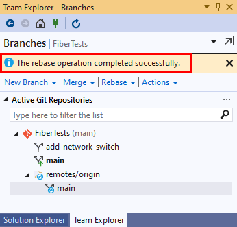 Screenshot del messaggio di conferma della ribase nella visualizzazione Rami di Team Explorer in Visual Studio 2019.