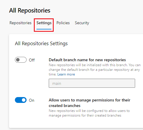 Screenshot che mostra le impostazioni del repository per tutti i repository