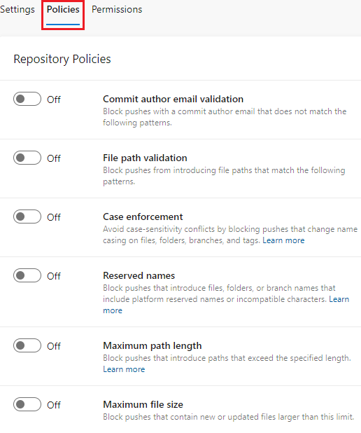 Screenshot che mostra la scheda 'Criteri' del repository selezionata.
