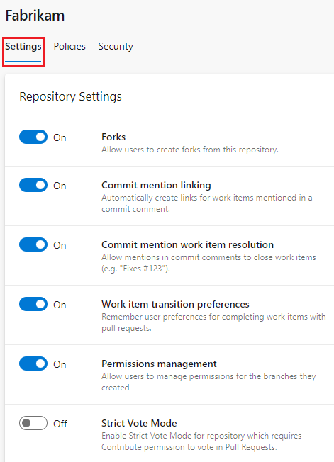 Screenshot che mostra la scheda Impostazioni progetto repository selezionata.