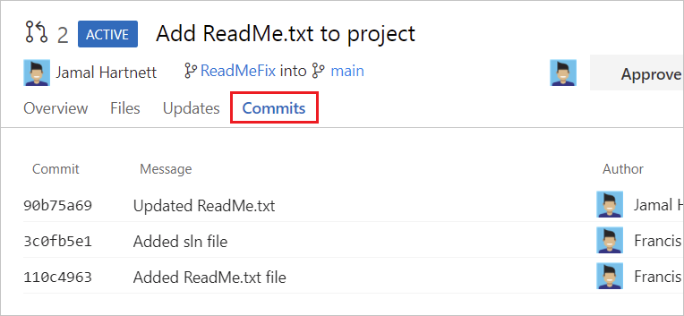 Screenshot che mostra un elenco di commit nella scheda Commit di una richiesta pull di Azure Repos.