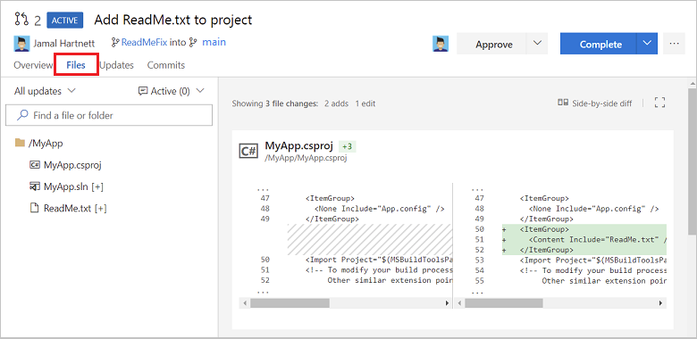 Screenshot di una visualizzazione diff del file nella scheda File di una richiesta pull di Azure Repos.