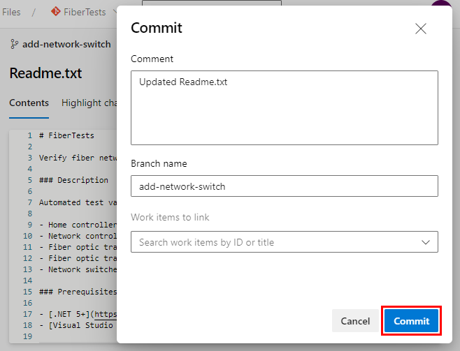 Screenshot della finestra di dialogo Commit in Azure Repos.