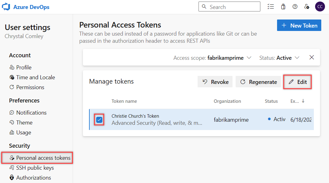 Screenshot che mostra il pulsante Modifica evidenziato per modificare il token di accesso personale.