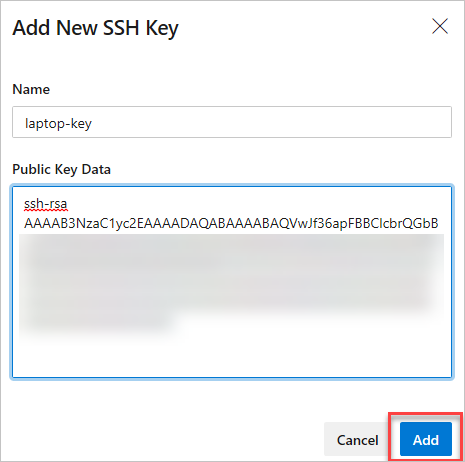 Screenshot che mostra la configurazione di una chiave pubblica in Azure DevOps.