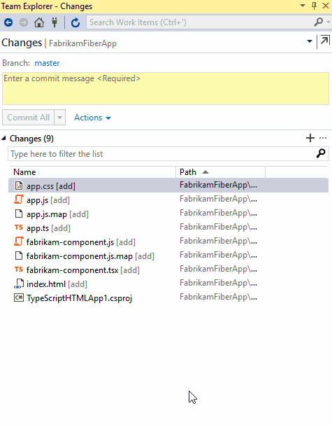 Preparare i file per il commit successivo usando Team Explorer.