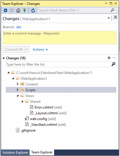 Eseguire il commit di tutte le modifiche senza eseguirne prima la gestione temporanea in Visual Studio.