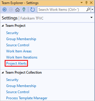 Screenshot che mostra il collegamento Avvisi progetto nella pagina Impostazioni di Team Explorer.