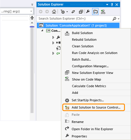 Screenshot dell'aggiunta della soluzione al controllo del codice sorgente.