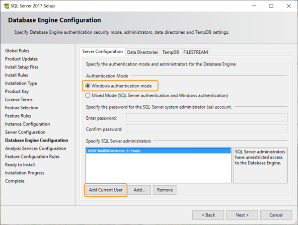 Configurazione del motore di database