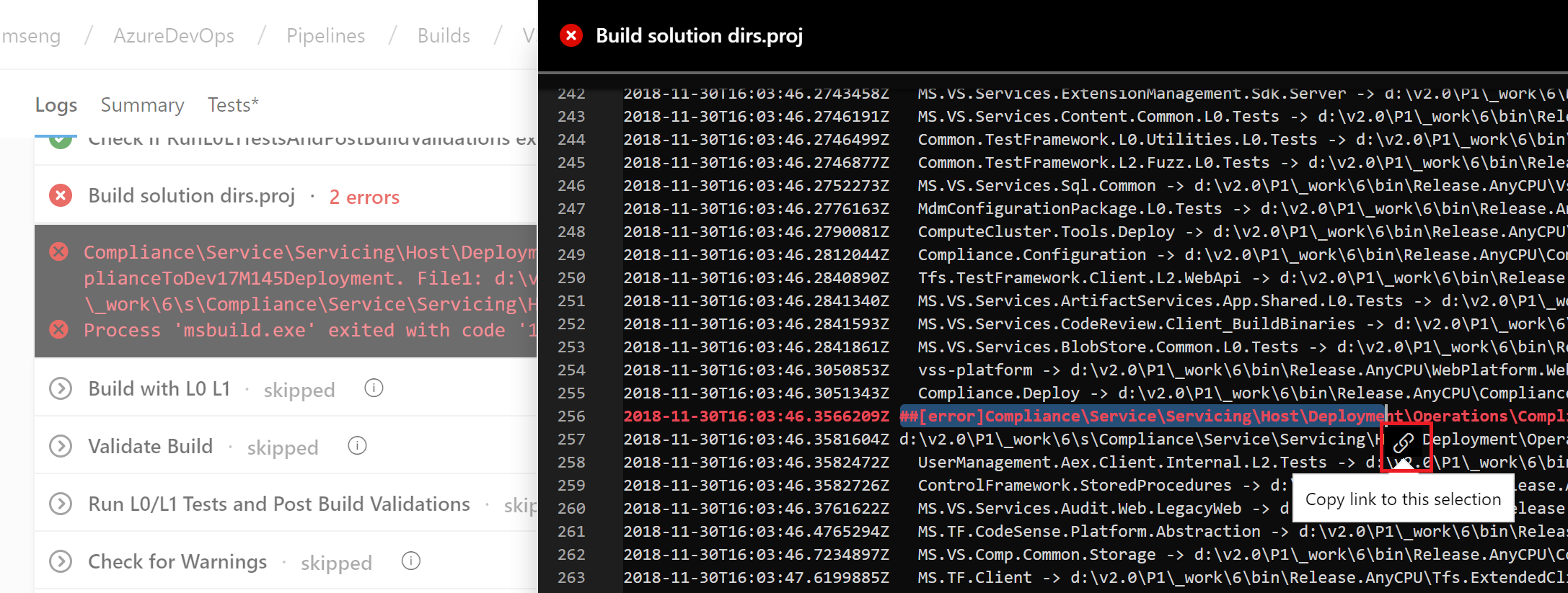 Screenshot del file dirs.proj della soluzione di compilazione con una riga del log evidenziata e l'opzione Copia collegamento a questa selezione evidenziata.