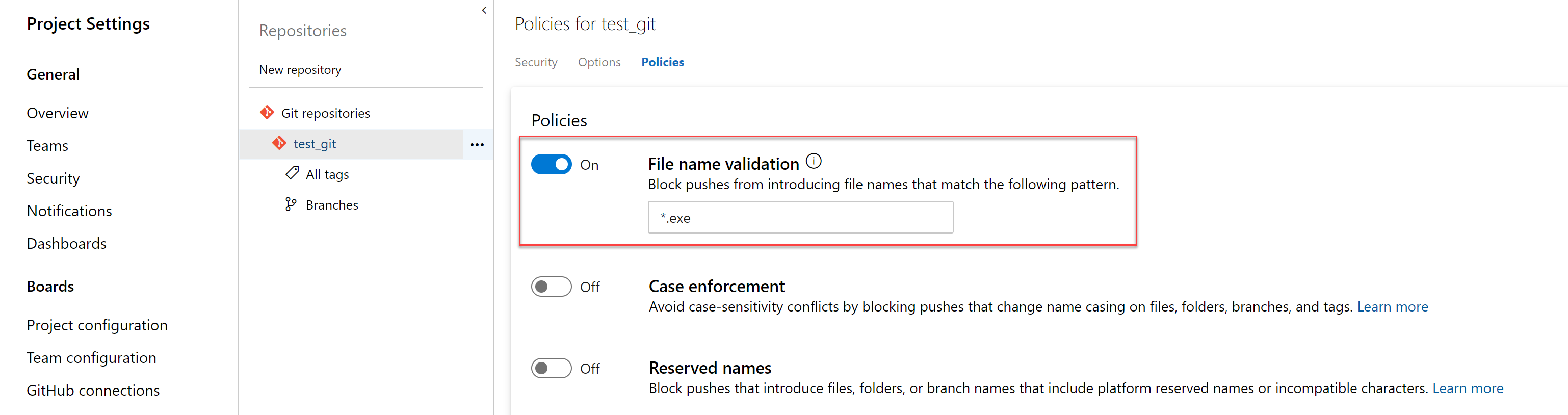 Screenshot che mostra la sezione Criteri con l'opzione Di convalida nome file impostata su Attiva.