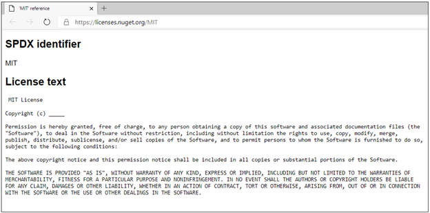 Screenshot di una finestra del browser che mostra il testo della licenza MIT