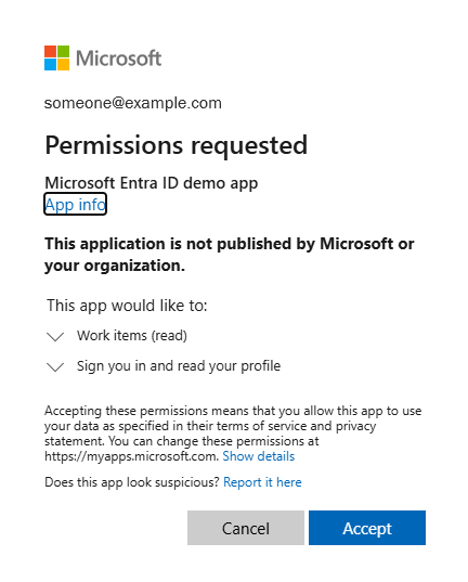 Screenshot di una finestra di dialogo Microsoft Permissions requested. Un nome dell'app, un elenco di autorizzazioni richieste e i pulsanti Annulla e Accetta sono visibili.