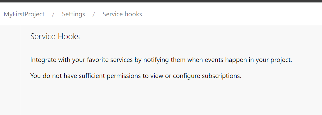 Screenshot che mostra la pagina ServiceHooks senza autorizzazioni.
