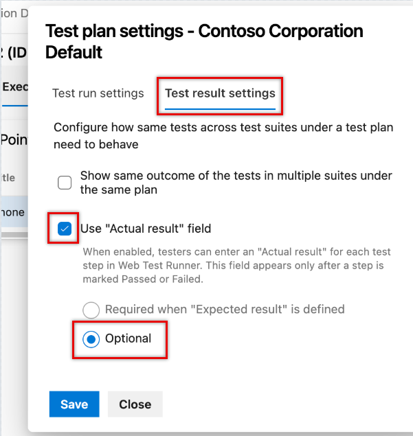 Screenshot che mostra la scheda Impostazioni risultato test con le opzioni del campo Risultato effettivo.