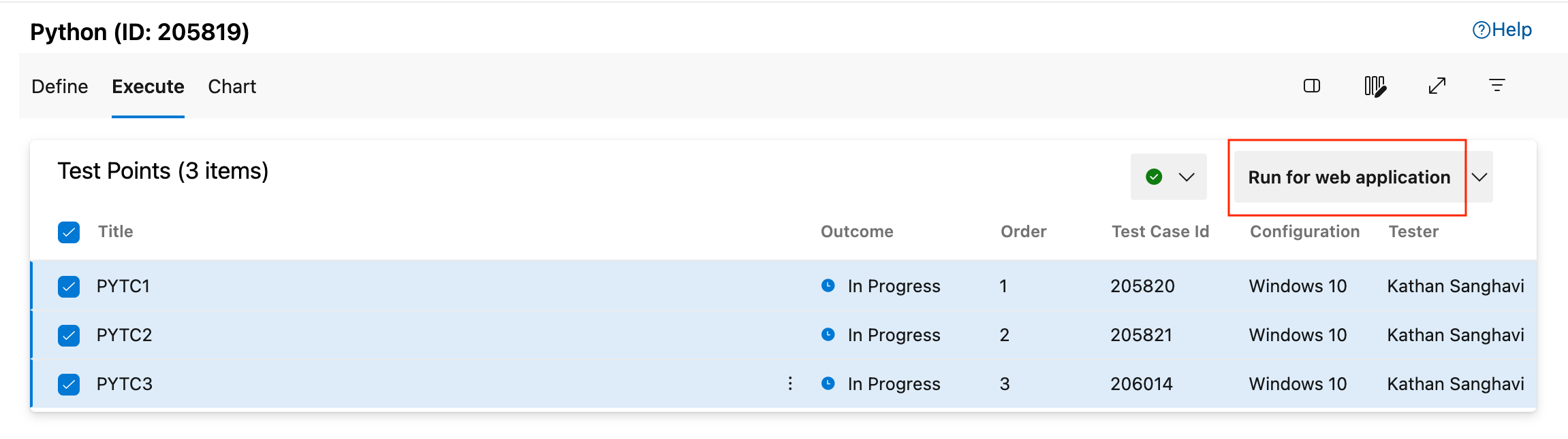 Screenshot che mostra la selezione di Esegui test.