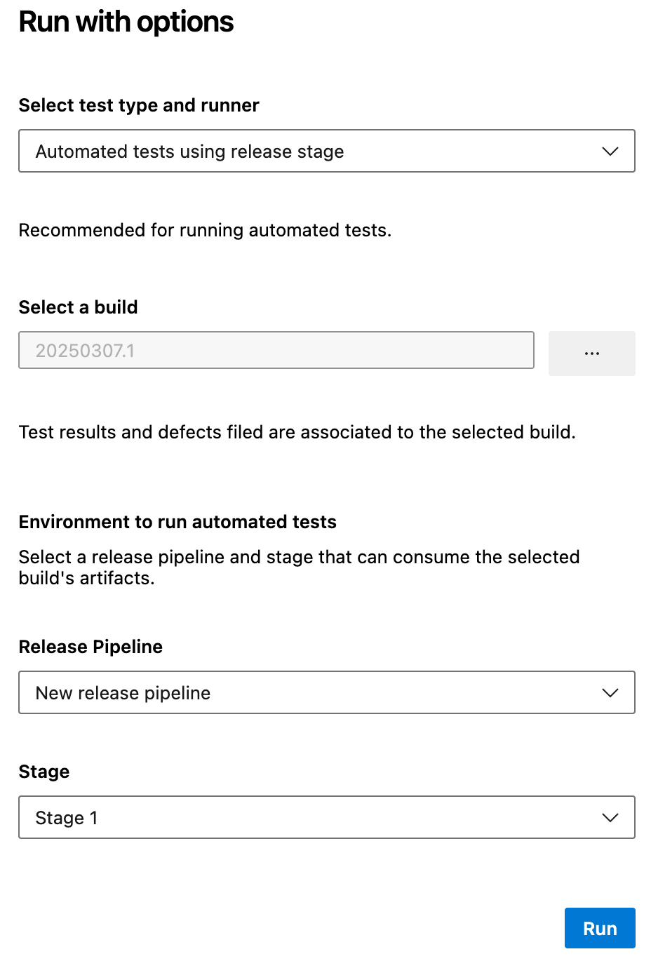 Screenshot che mostra la finestra di dialogo Esegui con opzioni configurata.