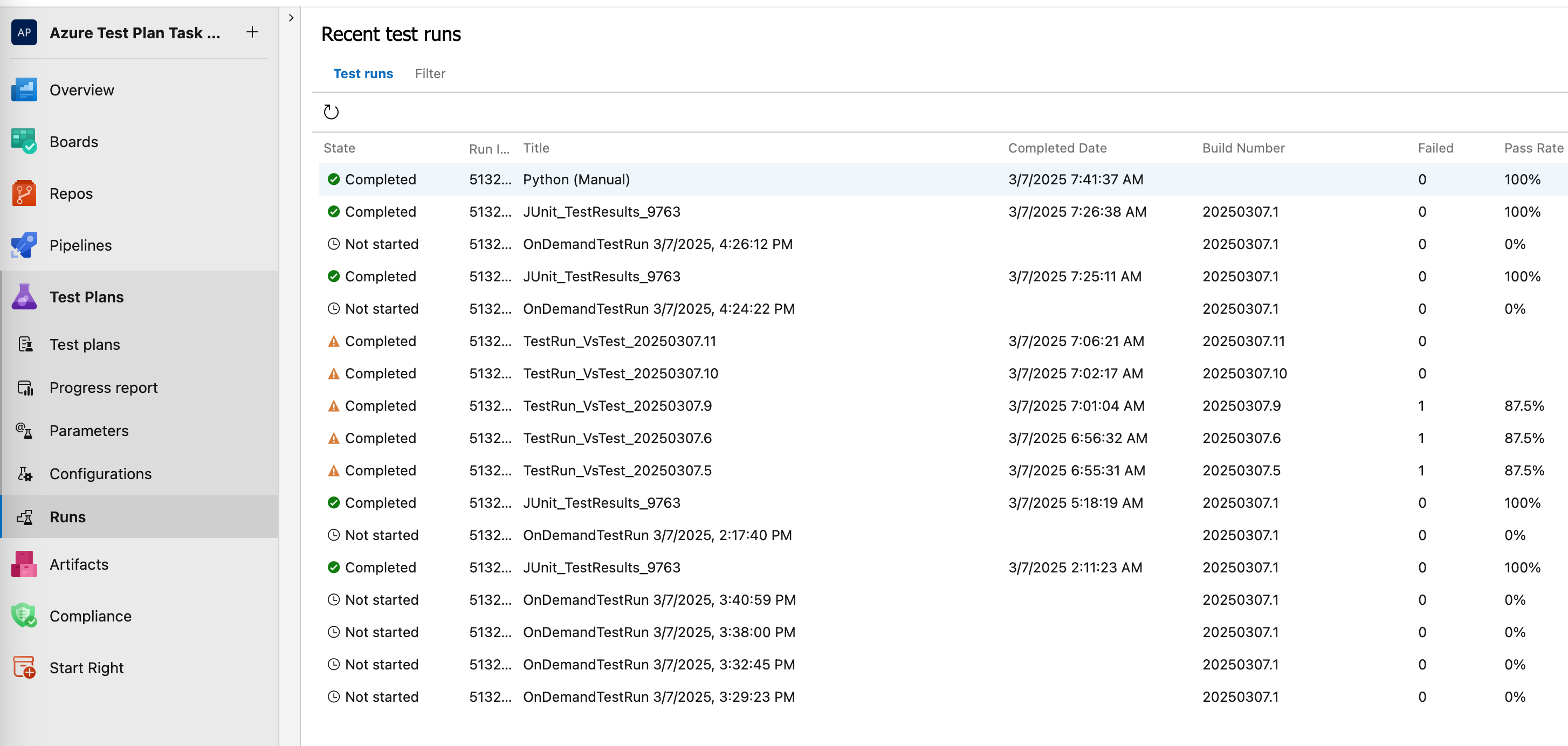 Screenshot che mostra la visualizzazione del piano di test.