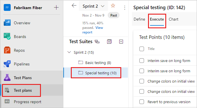 Screenshot che mostra una suite di test selezionata con la scheda Esegui selezionata