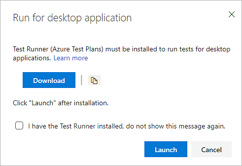 Screenshot che mostra la finestra di dialogo Esegui per l'applicazione desktop con opzioni per scaricare e avviare Test Runner.