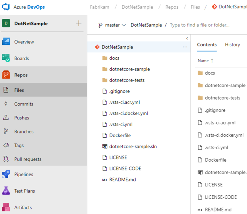 Azure Repos, pagina dei file Git