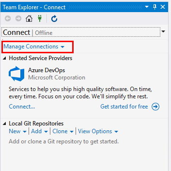 Screenshot delle opzioni di Team Explorer, Connetti.