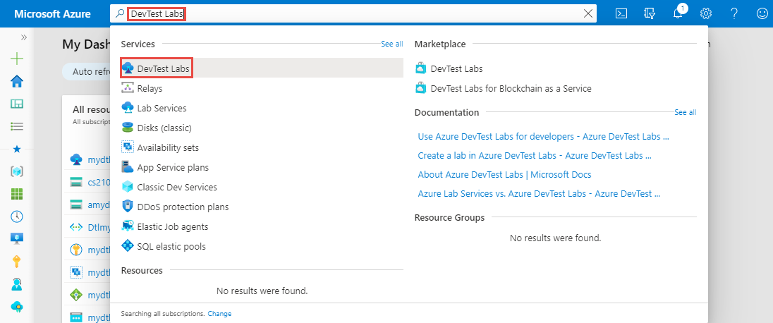 Cercare e selezionare DevTest Labs