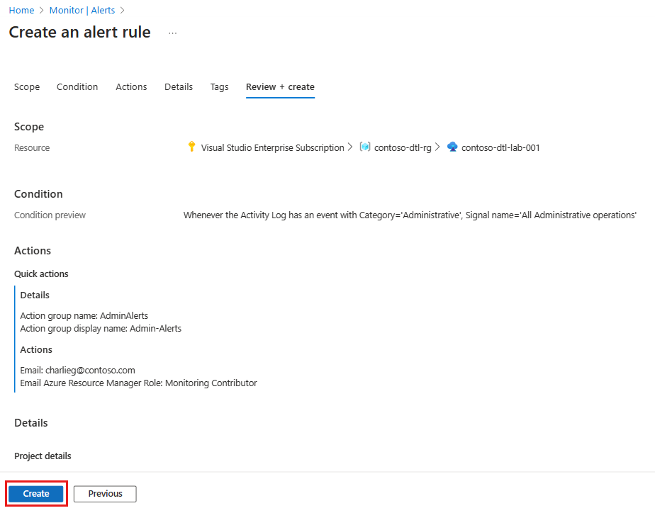 Screenshot della scheda Rivedi e crea con l'opzione Crea evidenziata.