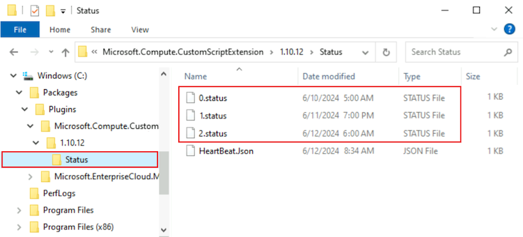 Screenshot che mostra il contenuto della cartella Status in una macchina virtuale Windows per DevTest Labs.