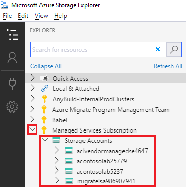 Screenshot che mostra gli account di archiviazione per una sottoscrizione di Azure selezionata.