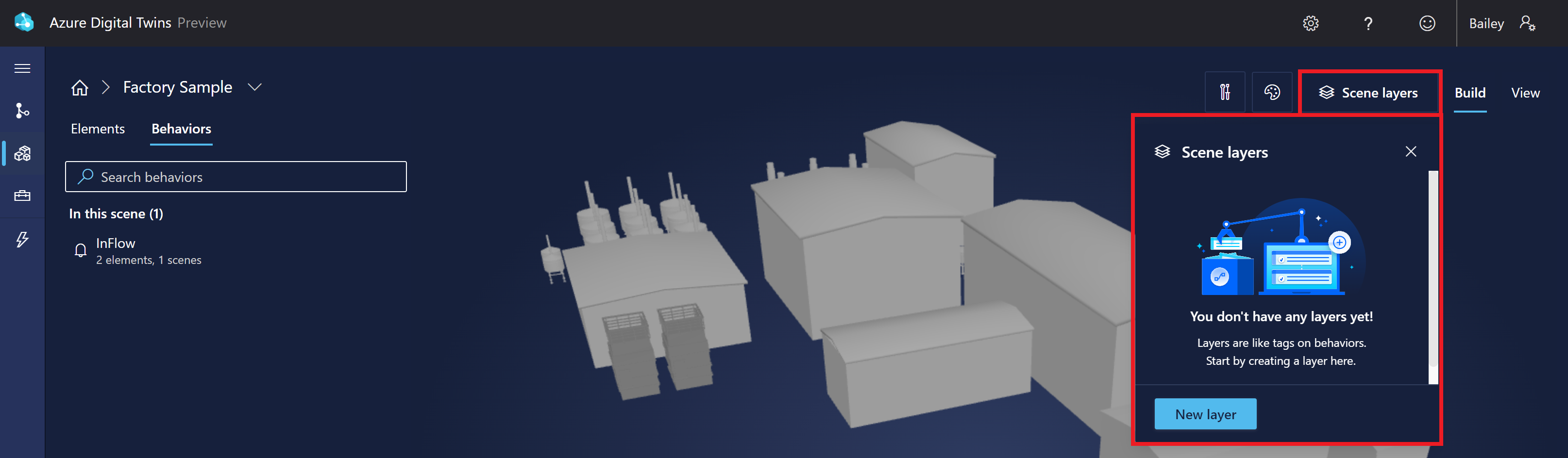 Screenshot of 3D Scenes Studio builder for a scene. The Scene layers button is highlighted.