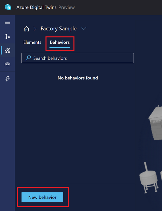 Screenshot of 3D Scenes Studio in the builder for a scene. The New behavior button is highlighted.