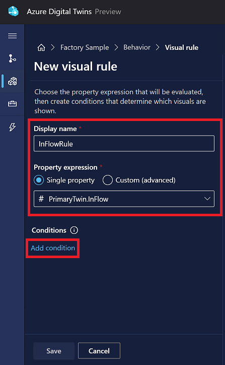 Screenshot of the New visual rule options in 3D Scenes Studio. The described fields are highlighted.