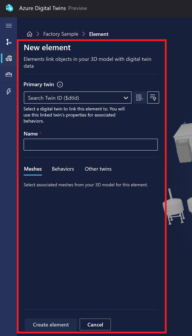 Screenshot of New element options in 3D Scenes Studio.