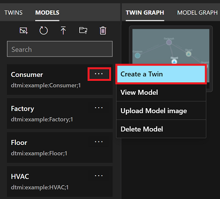 Screenshot del pannello Modelli di Azure Digital Twins Explorer. I puntini di menu per un singolo modello sono evidenziati e anche l'opzione di menu Crea un gemello è evidenziata.