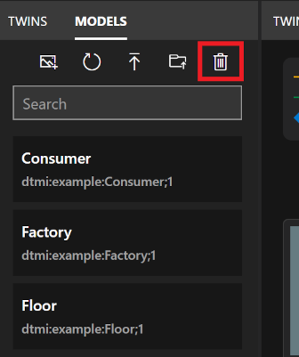 Screenshot del pannello Modelli di Azure Digital Twins Explorer. L'icona Elimina tutti i modelli è evidenziata.