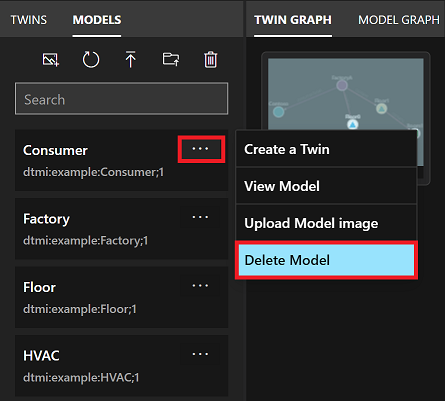 Screenshot del pannello Modelli di Azure Digital Twins Explorer. I puntini di menu per un singolo modello sono evidenziati e viene evidenziata anche l'opzione di menu Elimina modello.