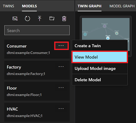 Screenshot del pannello Modelli di Azure Digital Twins Explorer. I puntini di menu per un singolo modello sono evidenziati e anche l'opzione di menu Visualizza modello è evidenziata.