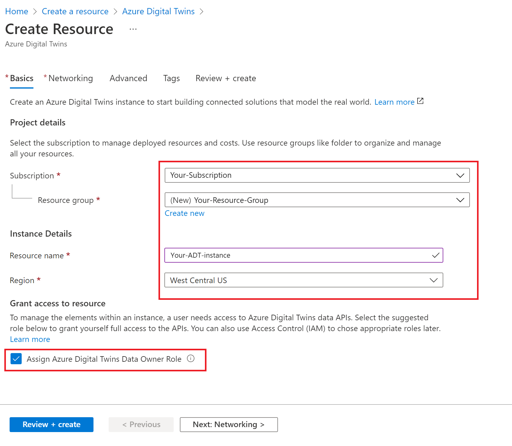 Screenshot del processo Crea risorsa per Gemelli digitali di Azure nel portale di Azure. I valori descritti sono inseriti.