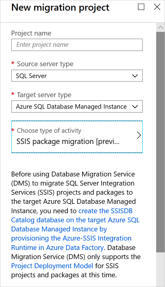 Creare il progetto del Servizio Migrazione del database di Azure