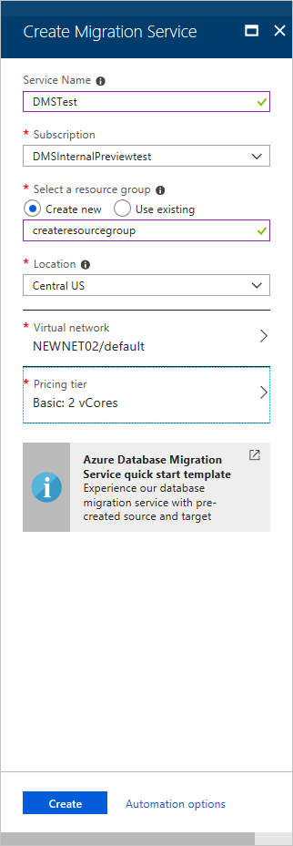 Creare il Servizio Migrazione del database di Azure