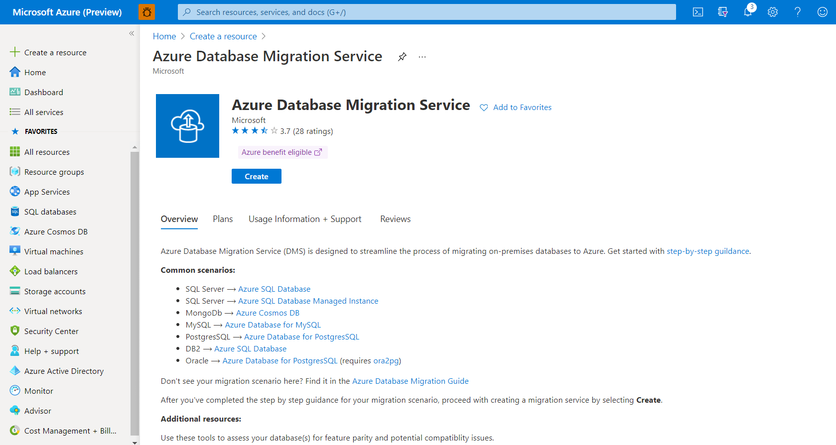 Screenshot di un comando Crea istanza del Servizio Migrazione del database di Azure.