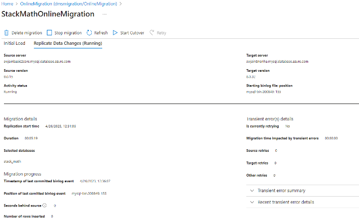 Screenshot del monitoraggio della migrazione.
